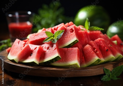 Several slices of red and very fresh watermelon.