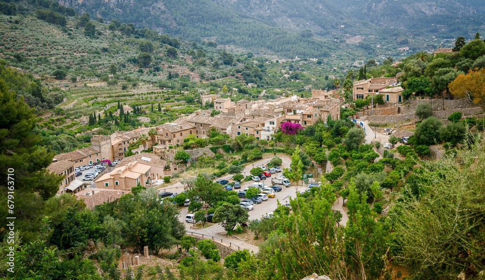 Aerial shot showcasing Fornalutx town's layout, Mallorca