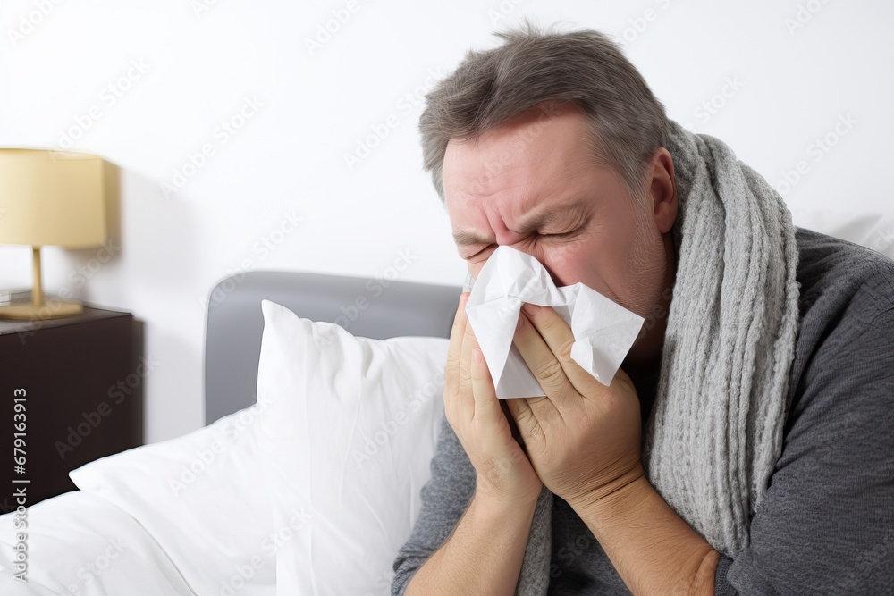 Man blowing his nose in his living room