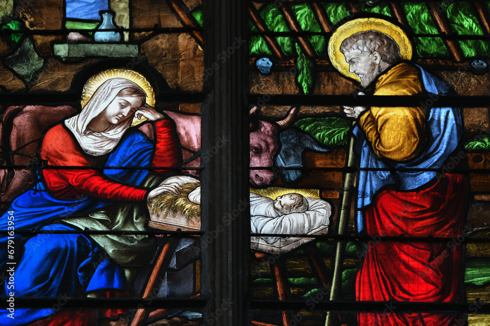 Stained glass with a scene of the birth of Jesus Christ