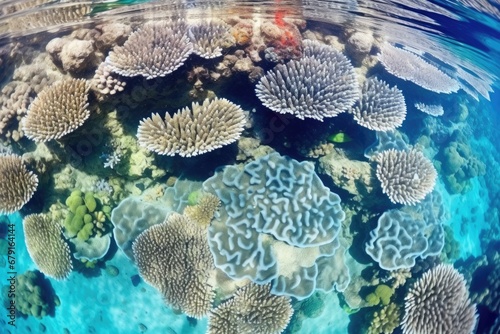 close-up of coral reefs surface in shallow water