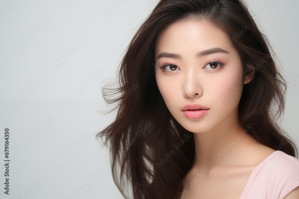 Young asian woman with pastel pink lips and long hair. On the white background with copy space Young asian woman with pastel pink lips and long hair. On the white background with copy space