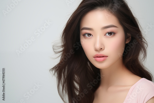 Young asian woman with pastel pink lips and long hair. On the white background with copy space