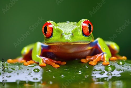 close-up of a red-eyed tree frog on a leaf
