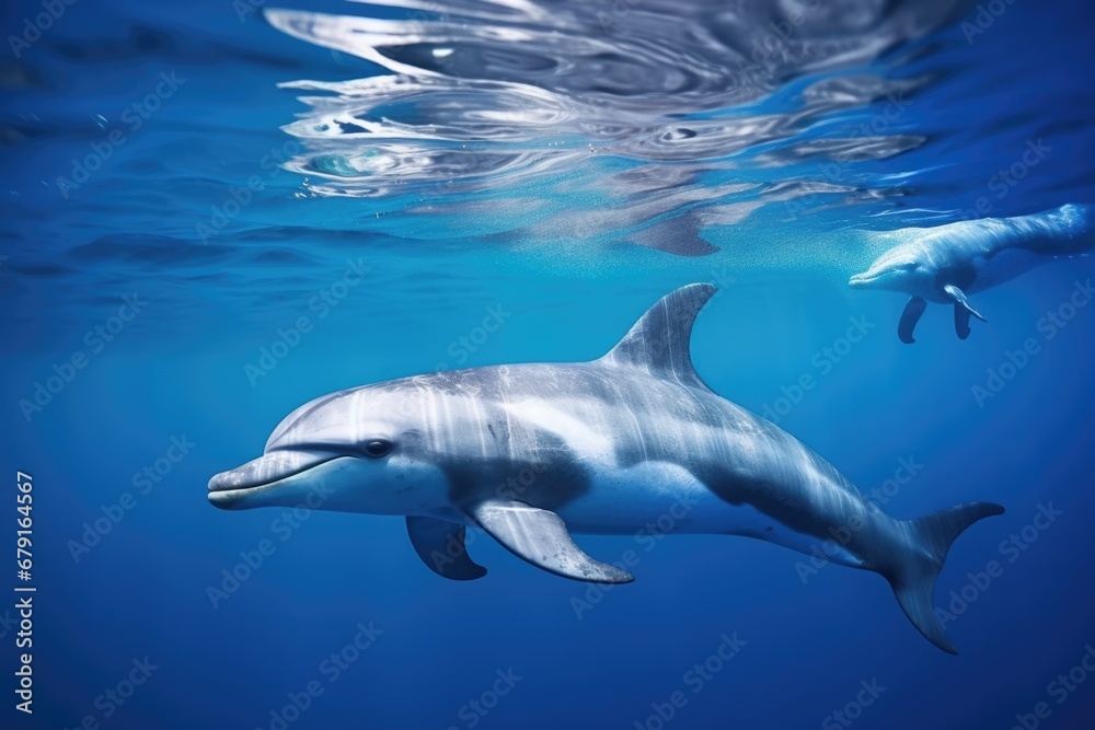 Fototapeta premium underwater view of mother dolphin and calf swimming