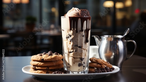 Coffee mocha milkshake with cookies and cream Ice cream and chocolate cookies make a sweet latte cocktail. Vanilla ice cream and spoon on gray concrete table photo