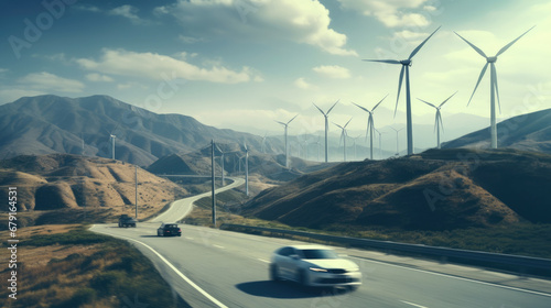 Car drives along a mountain road against the backdrop of wind turbines. Alternative energy for the car. An electric car against the backdrop of wind turbine farms