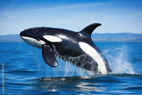 a breaching killer whale in cold, blue ocean photo