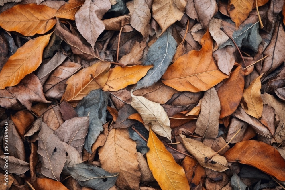 close-up of dried fallen leaves on a forest floor