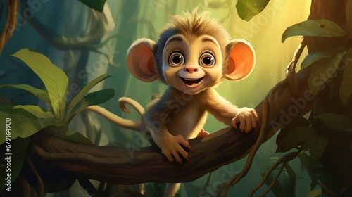 cute cartoon monkey on the tree smiling