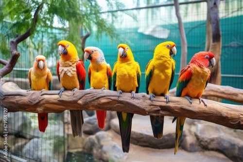 Fototapete colorful parrots perched on wooden branches in an aviary