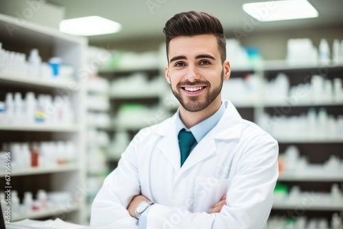 Young Caucasian pharmacist stands in medical robe smiling in pharmacy shop full of medicines. Smiling mature pharmacist in bathrobe over classic suit stands in pharmacy © Stavros
