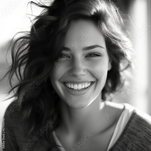 Fotografia en blanco y negro de atractiva choca alegre y sonriente photo