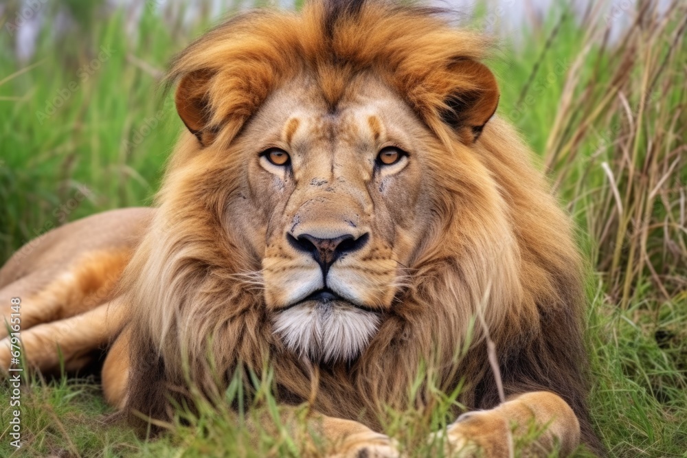 adult lion lying on grassy savannah adult lion lying on grassy savannah