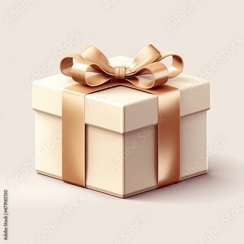 Beige gift box with golden ribbon and bow on a light background. © Vitaly Art