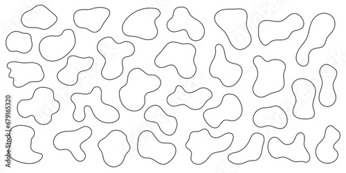 Amoeba blob, organic abstract shape. Set of Liquid amorphous shapes, fluid blotch black and white outline elements collection.