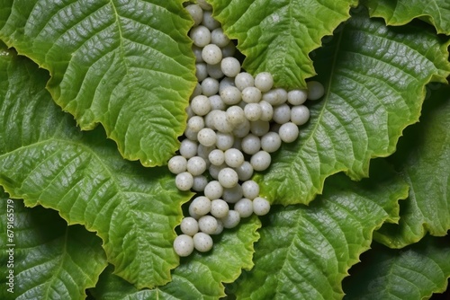 a close-up of silkworm eggs on mulberry leaves photo