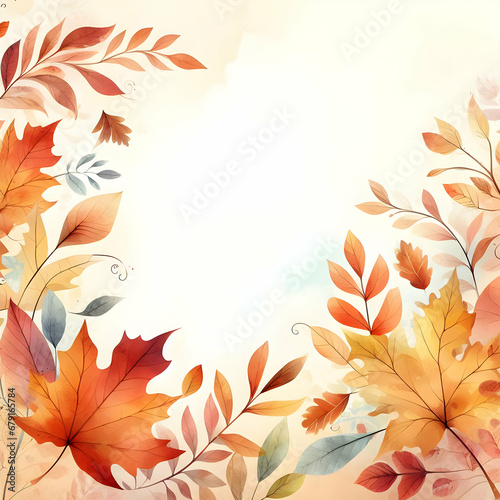 Autumn Background with Colorful Leaves, Watercolor Style