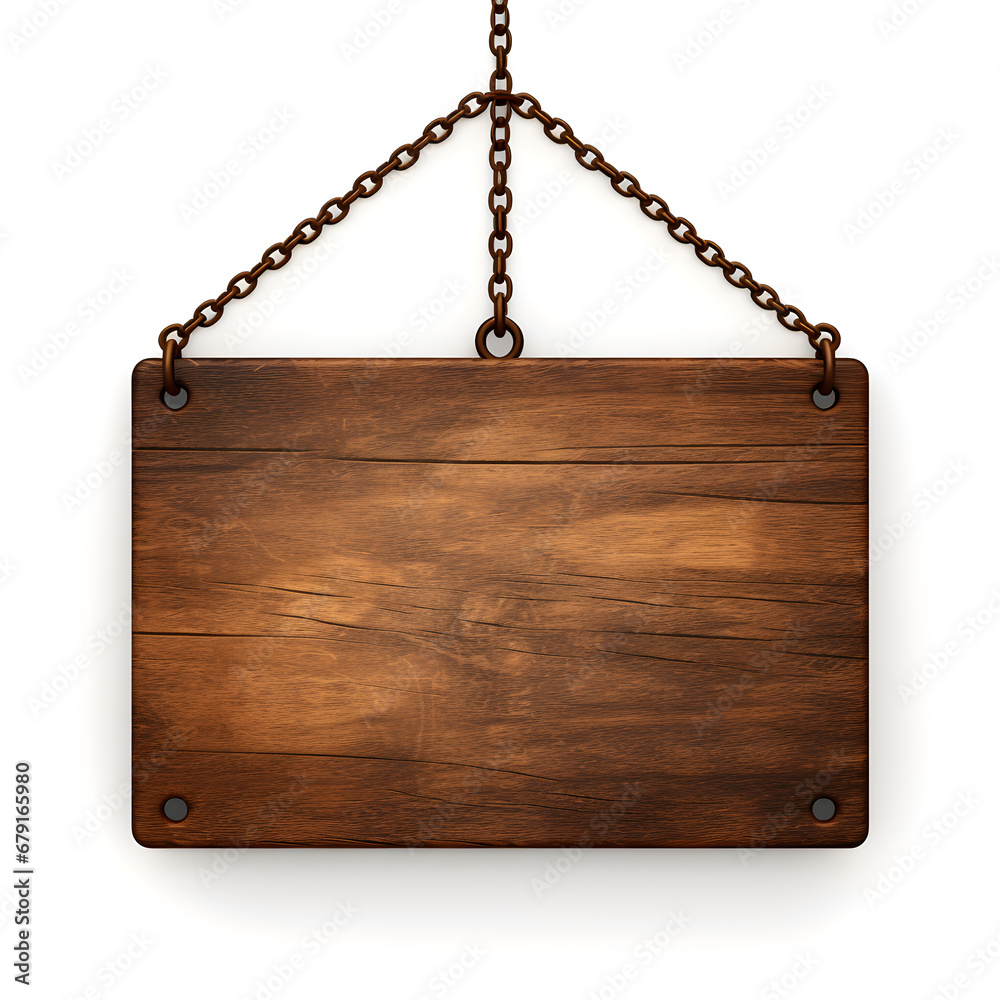 Wooden sign hanging on a chain isolated on white background. wooden sign board. Wooden sign hanging on a chain isolated on white background. wooden sign board.
