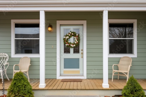 close-up of cape cod homes porch with decorative door wreath