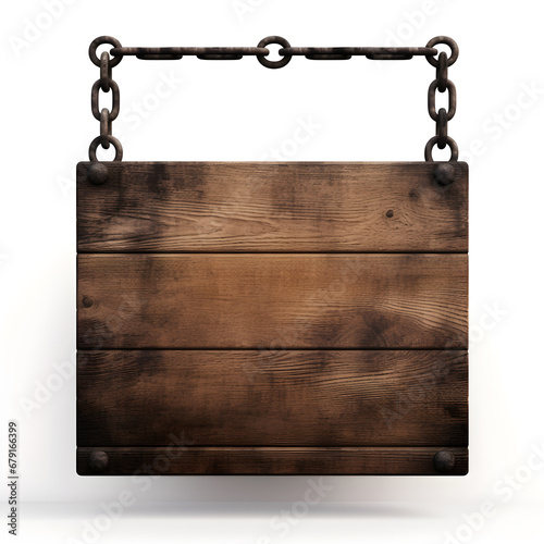  Wooden sign hanging on a chain isolated on white background.