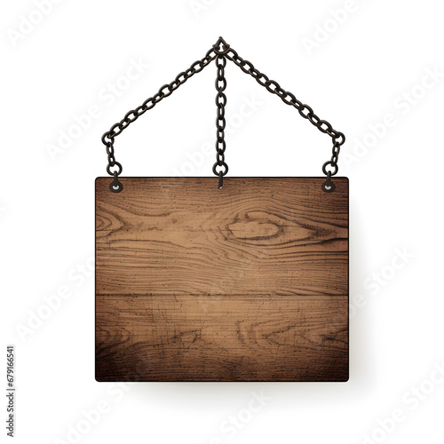 Wooden sign hanging on a chain isolated on white background.