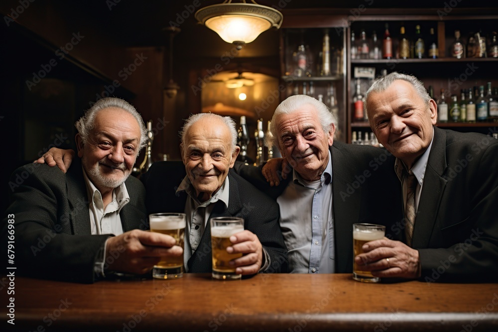 group of old friends toasting in a bar - obrazy, fototapety, plakaty 