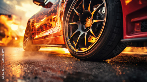 Drifting car wheels close-up,Sports car racing on the race track © Planetz