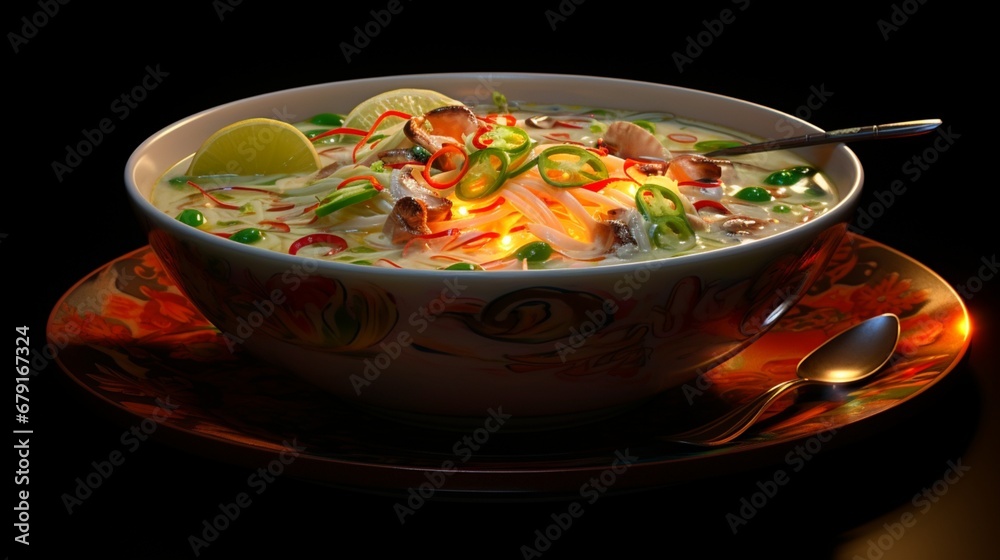 Neon-lit clam chowder bowl on a dark background, the warm glow accentuating the richness of this classic soup.
