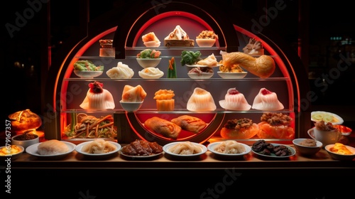 Neon-lit dim sum arranged in an artful display, bringing an Asian culinary experience to the restaurant wall.