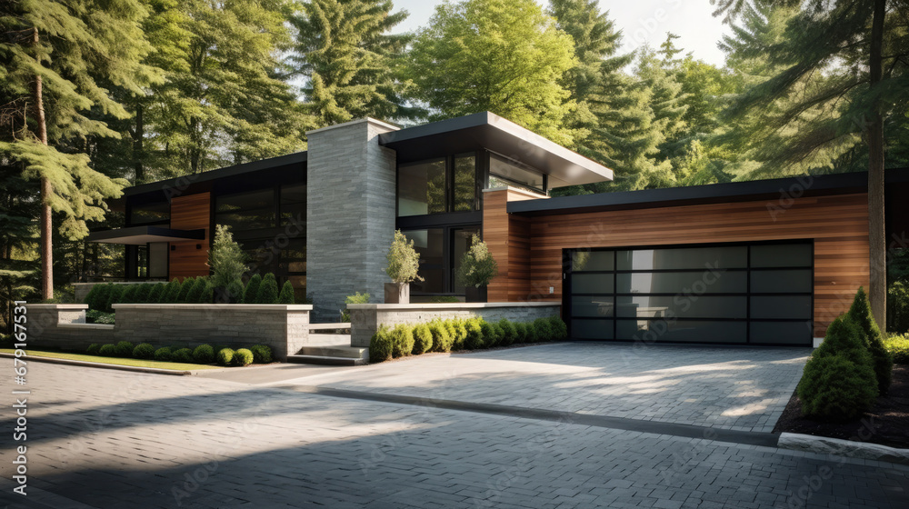 Contemporary Design with Natural Stone Facade: A Charming New House with Light Gray Siding and Single Car Garage