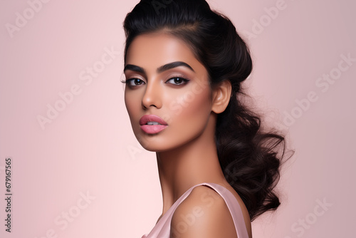 Beautiful Indian woman with pink pastel lips and brown eye shadow on the pink background