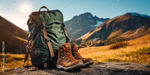 Backpack and hiking boots in autumn mountain or forest photo