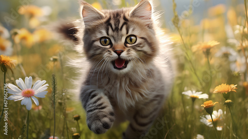 A cat walking in a flower field, looking ahead