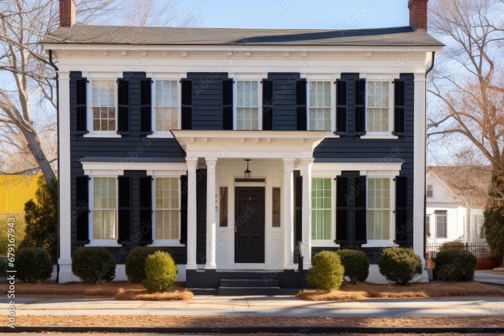 federal greek revival house with black shutters