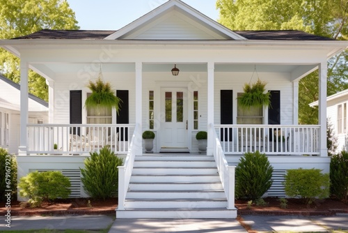 greek revival house with white wooden porch and steps