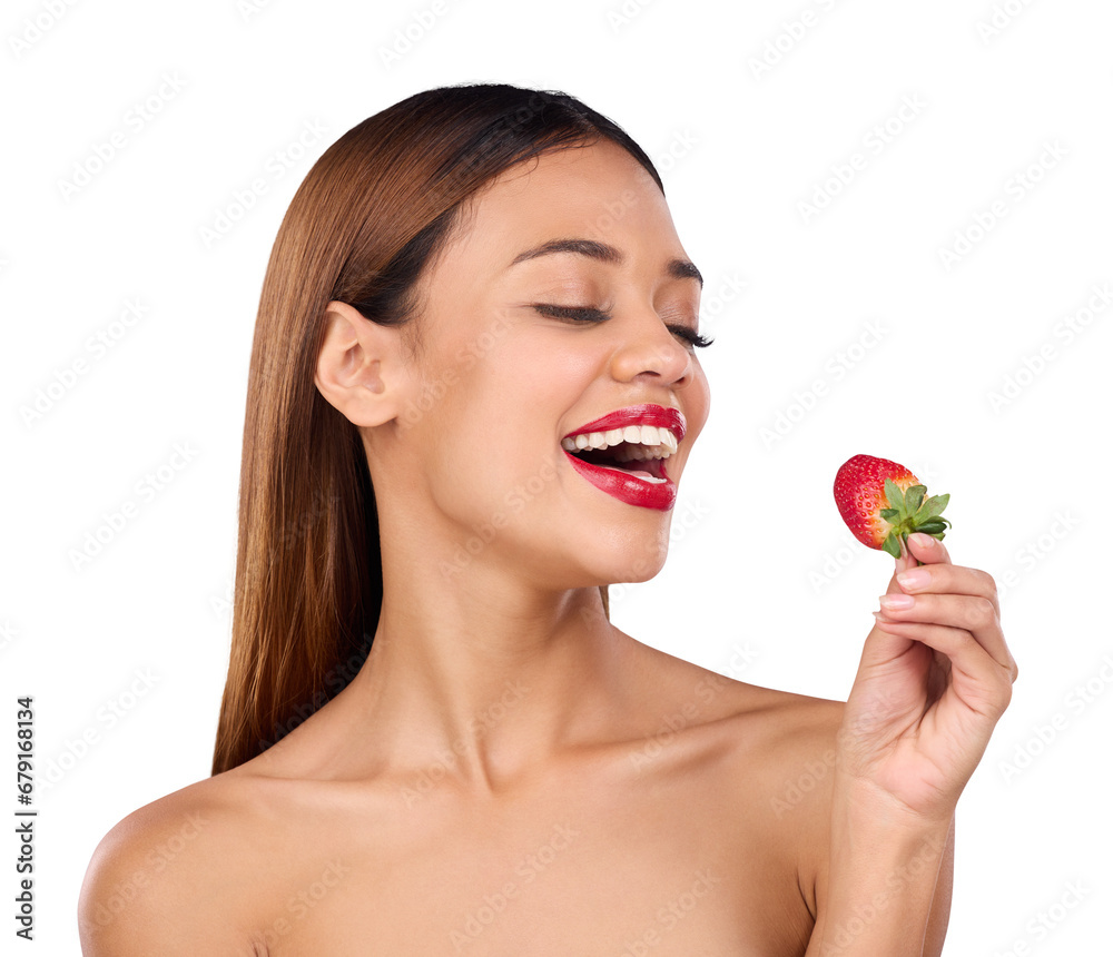 Isolated woman, beauty and strawberry for health, diet and happy by transparent png background. Girl, model and smile with thinking for eating sustainable fruit for nutrition, skincare and lipstick