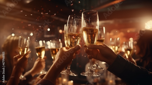 People clink champagne glasses at a party Celebrate a happy Christmas or New Year's party. photo