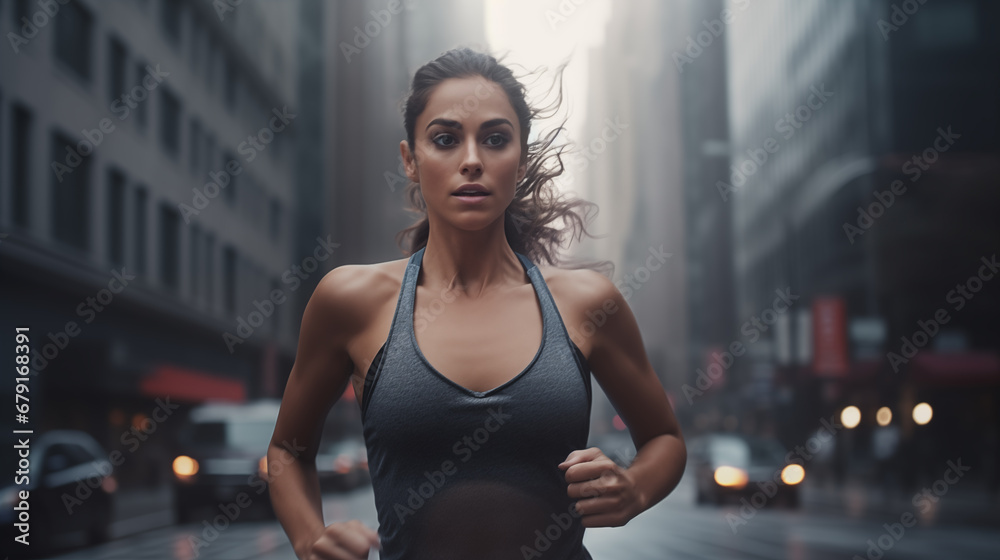Female runner doing training exercises on city streets