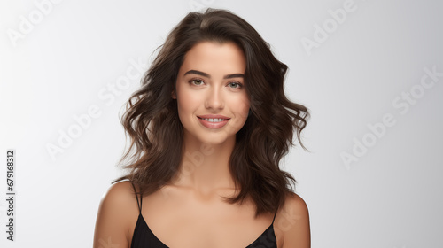 Beautiful, smooth young woman's face on a white background.