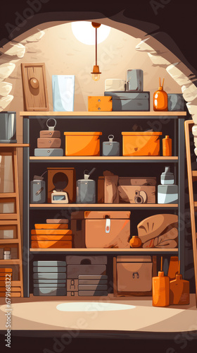 Storing things in the basement of the house or in a special container room, shelving for things that are rarely used, pantry or storage shed, illustration © Henryzoom