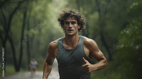 Male runner doing exercise, training on the road in nature