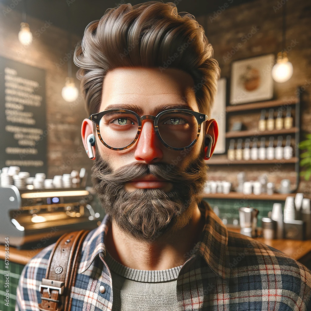 Portrait of a young bearded hipster wears glasses and wireless headphones Portrait of a young bearded hipster wears glasses and wireless headphones
