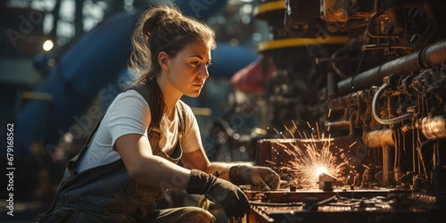 A skilled female worker carries out restoration tasks on a hydrocarbon platform
