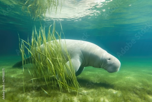 a dugong grazing seagrass underwater