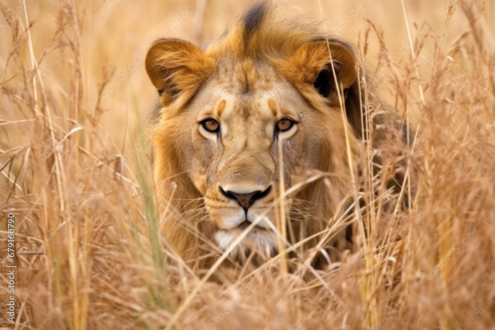 a lion prowling in tall grass a lion prowling in tall grass