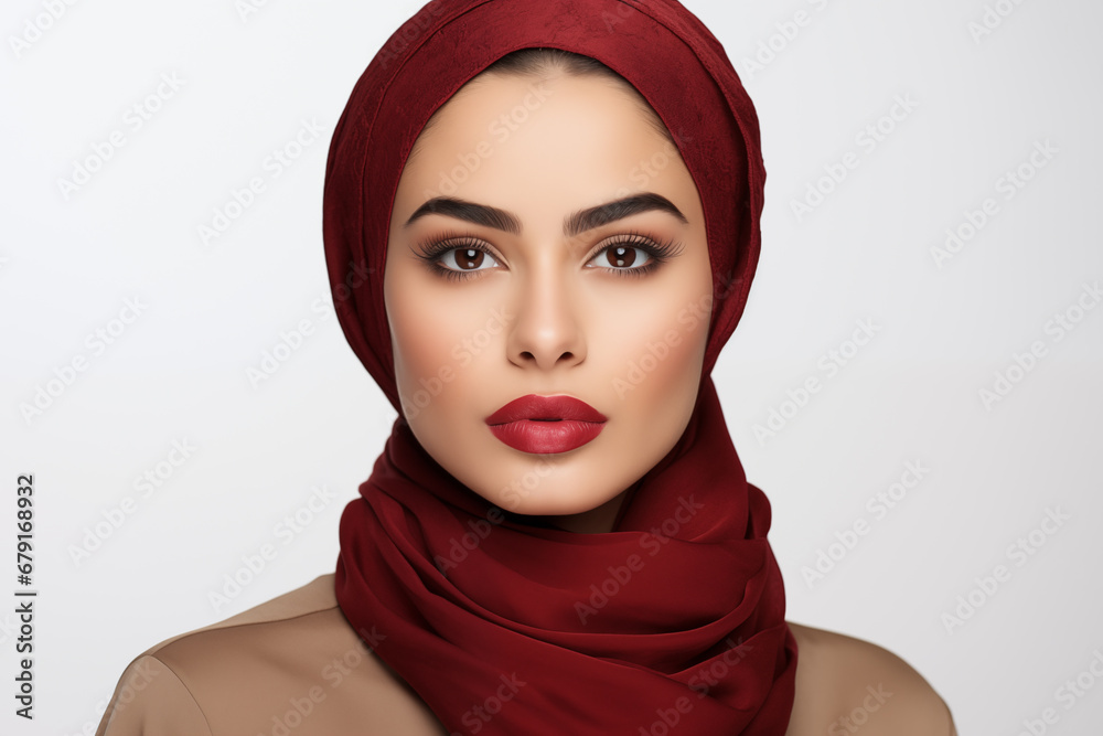Beautiful Arab woman with red lips wears hijab. Close up portrait on the light background Beautiful Arab woman with red lips wears hijab. Close up portrait on the light background