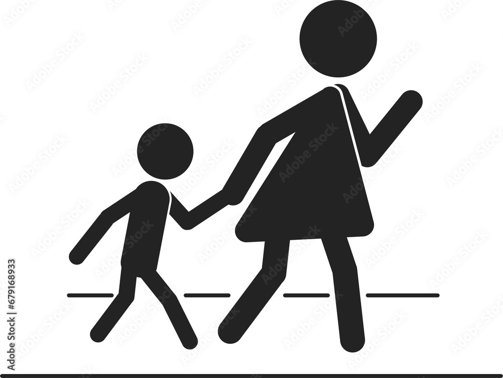 Isolated black pictogram sign of mother and children walking on walk lane, for cross walk of pedestrian walkway line Isolated black pictogram sign of mother and children walking on walk lane, for cross walk of pedestrian walkway line