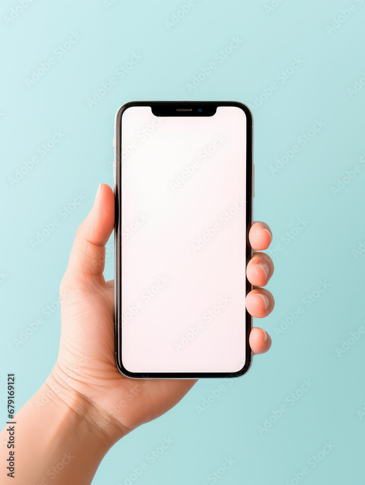 Mockup of a woman holding a cell phone with beautiful nails against a pastel background. Perfect for tech concepts. ai generative
