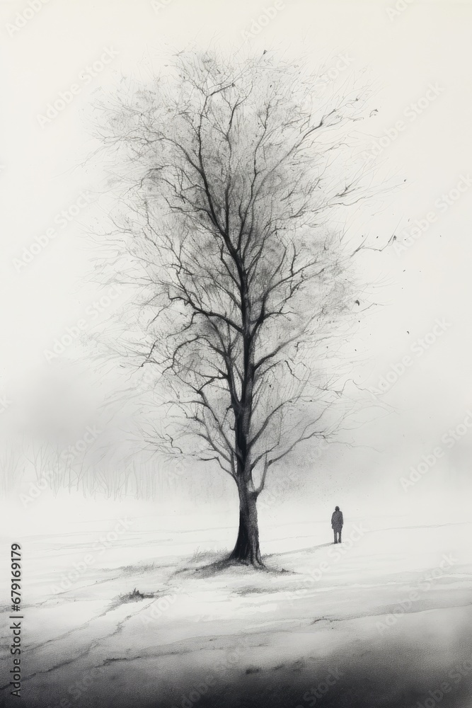 a man standing alone near a single tree - black and white pencil sketch